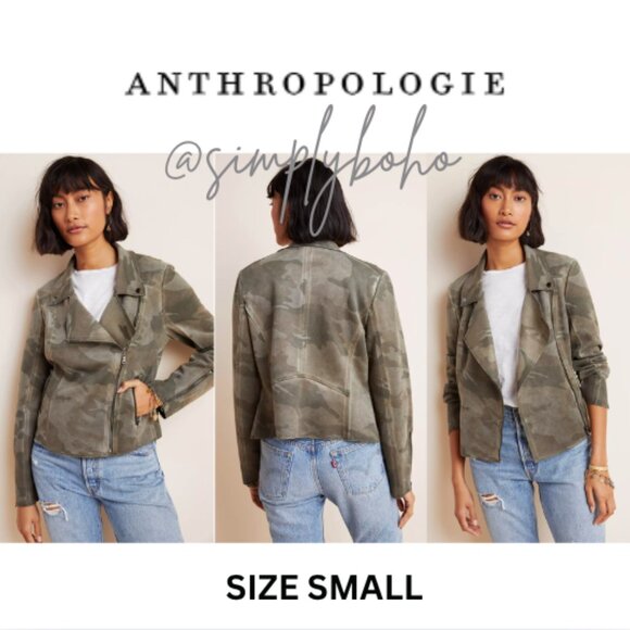 Anthropologie MARRAKECH Green Faux Suede Camouflage Moto Jacket - SIZE S - SMALL